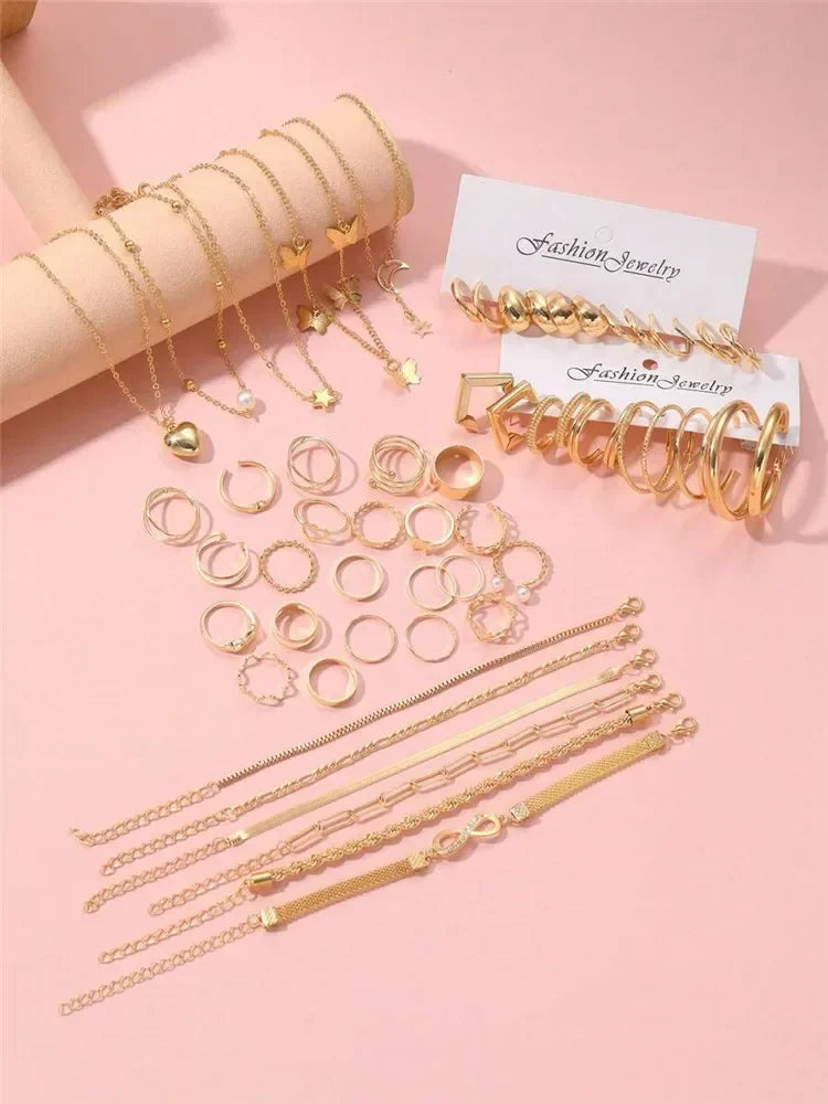 New 57 Pcs/Set Fashion Jewelry Sets For Women Metal Wide Face Earrings Necklaces Bracelets Ankles Rings Combinations for womens